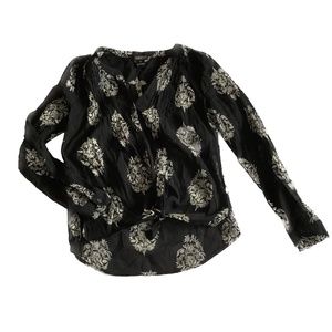 Lucky Brand black collarless tie waist blouse.